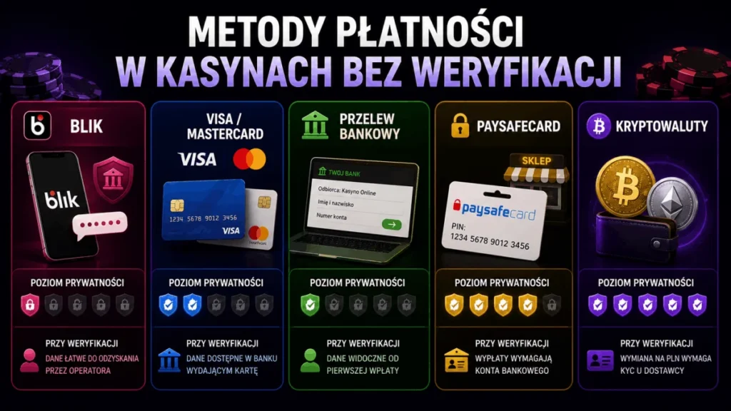 Porównanie metod płatności w kasynach bez weryfikacji - BLIK, Visa/Mastercard, przelew bankowy, Paysafecard i kryptowaluty pod kątem poziomu prywatności