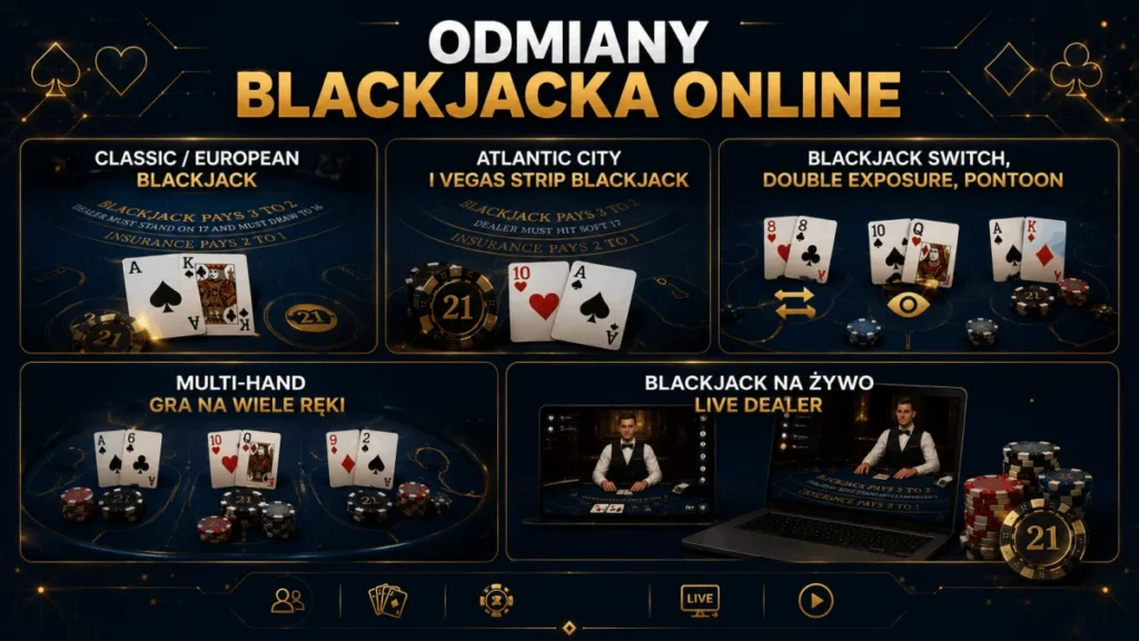 Odmiany blackjacka online - Classic European, Atlantic City Vegas Strip, Switch, Multi-hand i live dealer