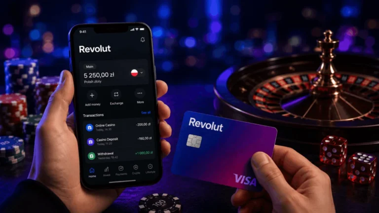 Aplikacja Revolut na smartfonie z saldem w PLN i karta Visa Revolut na tle stołu kasynowego z ruletką i żetonami