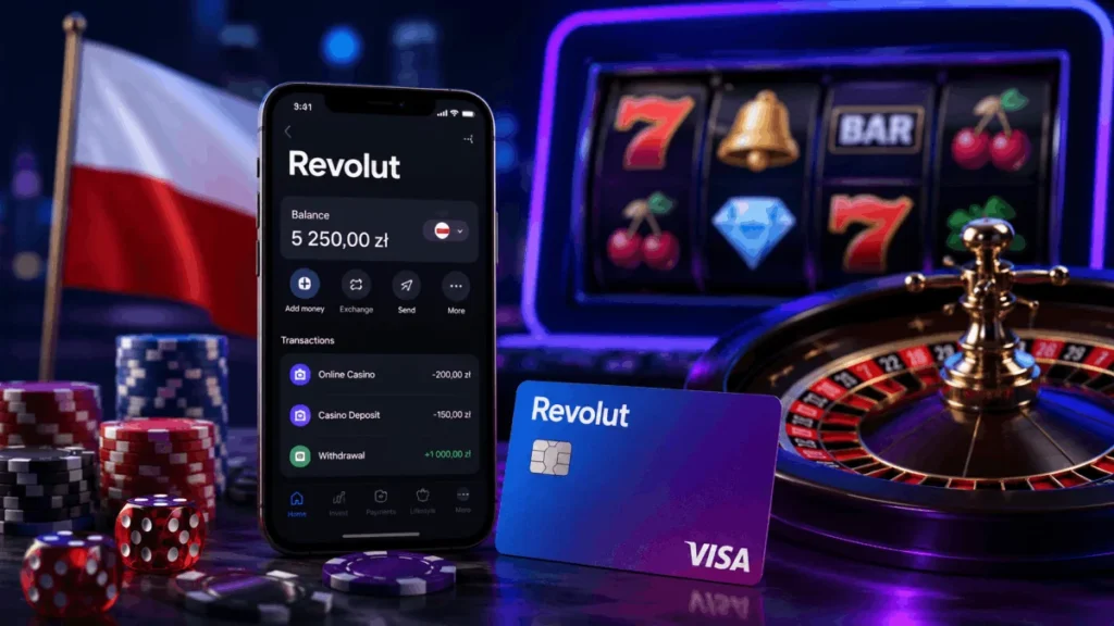 Polska flaga, aplikacja Revolut z saldem w PLN, karta Visa, automat do gier i ruletka w nowoczesnej grafice premium