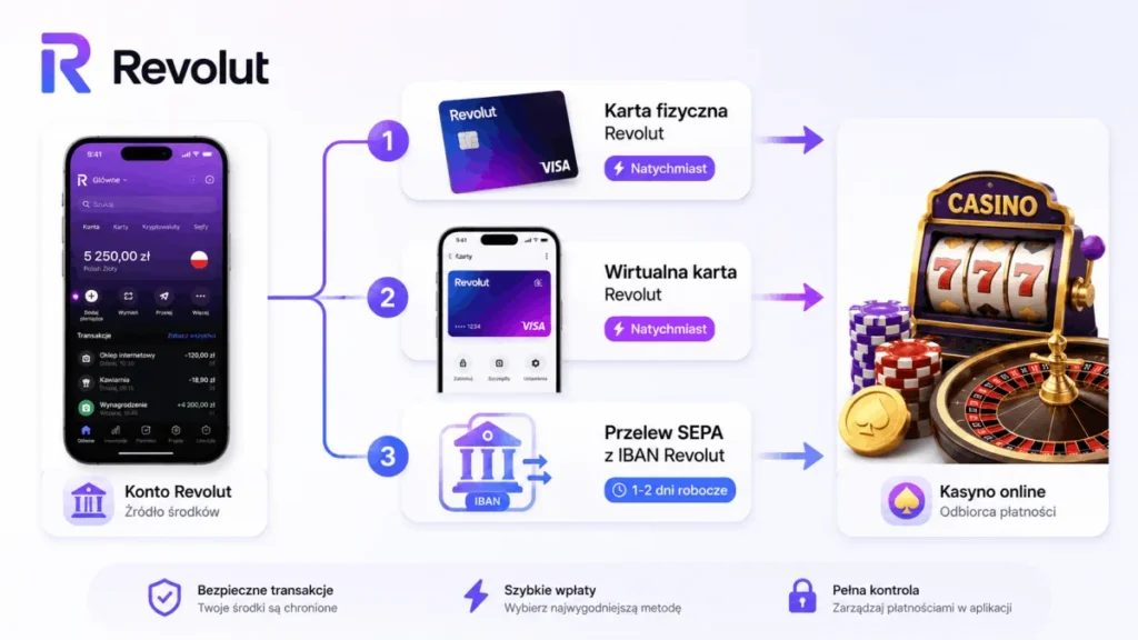 Infografika trzech metod wpłaty z konta Revolut do kasyna online: karta fizyczna, wirtualna karta i przelew SEPA z IBAN