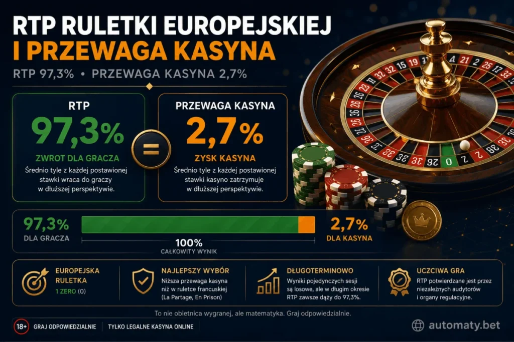 Infografika RTP ruletki europejskiej 97,3% i przewaga kasyna 2,7% — wykres podziału stawki między gracza a kasyno, koło ruletki z jednym zerem i certyfikat uczciwej gry