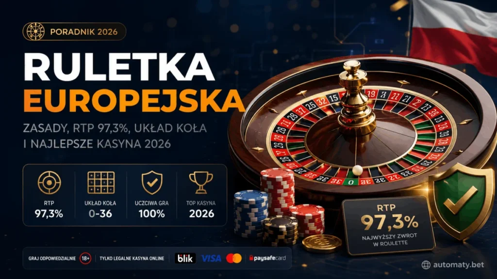 Ruletka europejska z jednym zielonym zerem, kolorowe żetony kasynowe i tabliczka RTP 97,3% — poradnik 2026