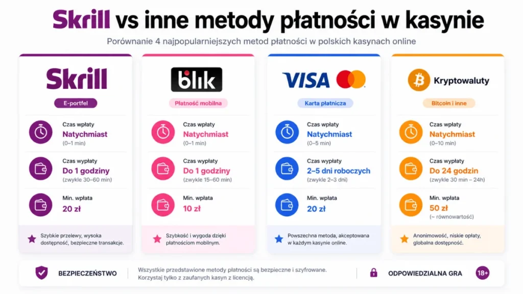 Porównanie Skrill, BLIK, kart Visa Mastercard i kryptowalut w kasynach online — czas wypłat, opłaty, minimalna wpłata