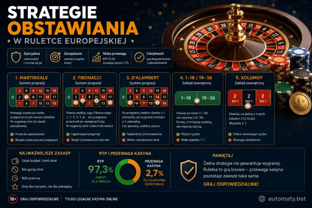 Porównanie pięciu strategii obstawiania w europejskiej ruletce — Martingale, Fibonacci, D'Alembert, zakłady na 1-18/19-36 i kolumny z wadami i zaletami każdego systemu