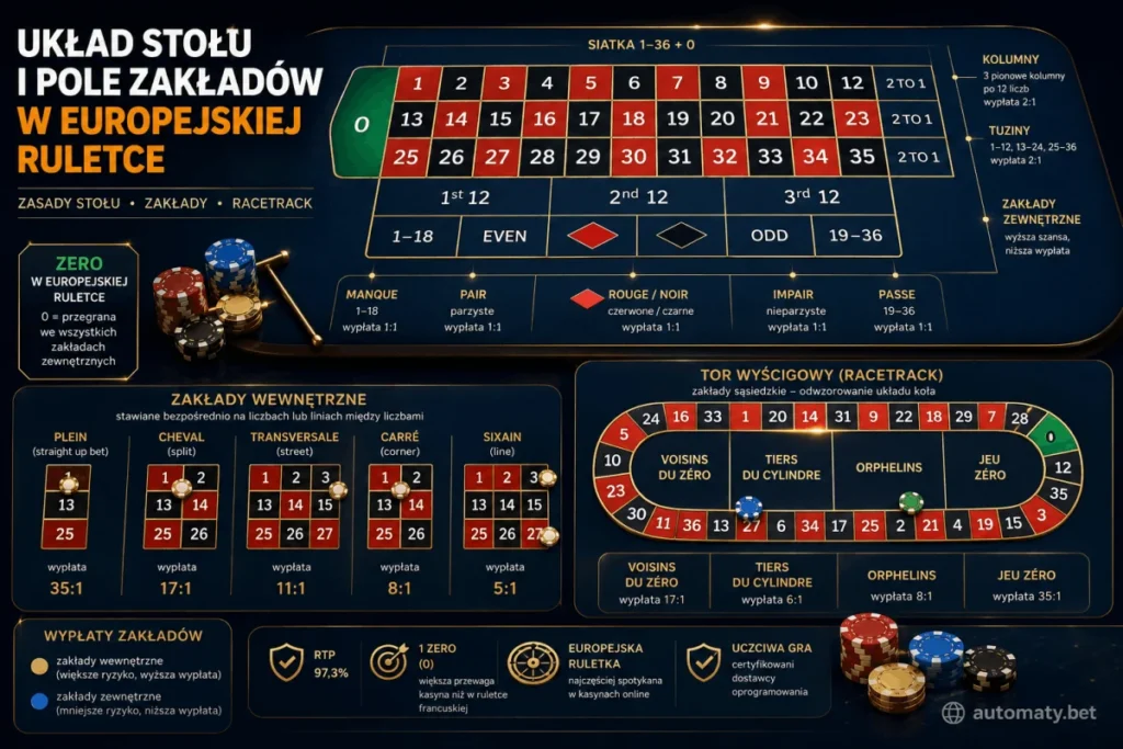 Schemat stołu europejskiej ruletki — siatka 1-36 z zerem, zakłady wewnętrzne plein, cheval, transversale, carré, sixain z wypłatami oraz tor wyścigowy z sektorami voisins, tiers, orphelins, jeu zéro