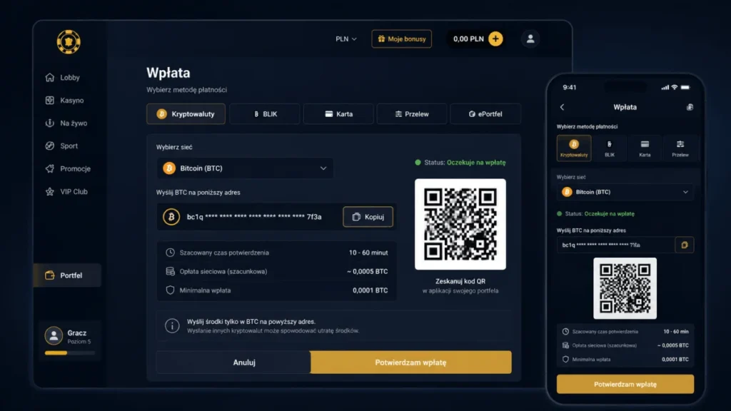 Mockup panelu wpłaty bitcoin w krypto-kasynie online - wybór sieci i adres portfela