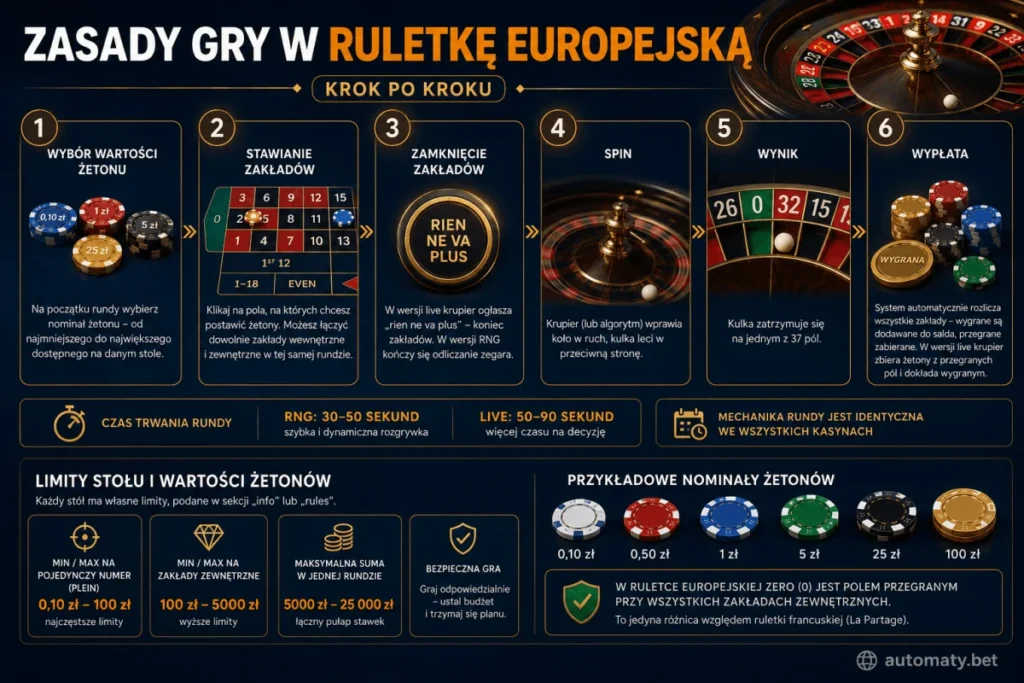 Schemat zasad gry w ruletkę europejską w 6 krokach — wybór wartości żetonu, stawianie zakładów, rien ne va plus, spin, wynik i wypłata oraz tabela limitów stołu i nominałów żetonów od 0,10 zł do 100 zł
