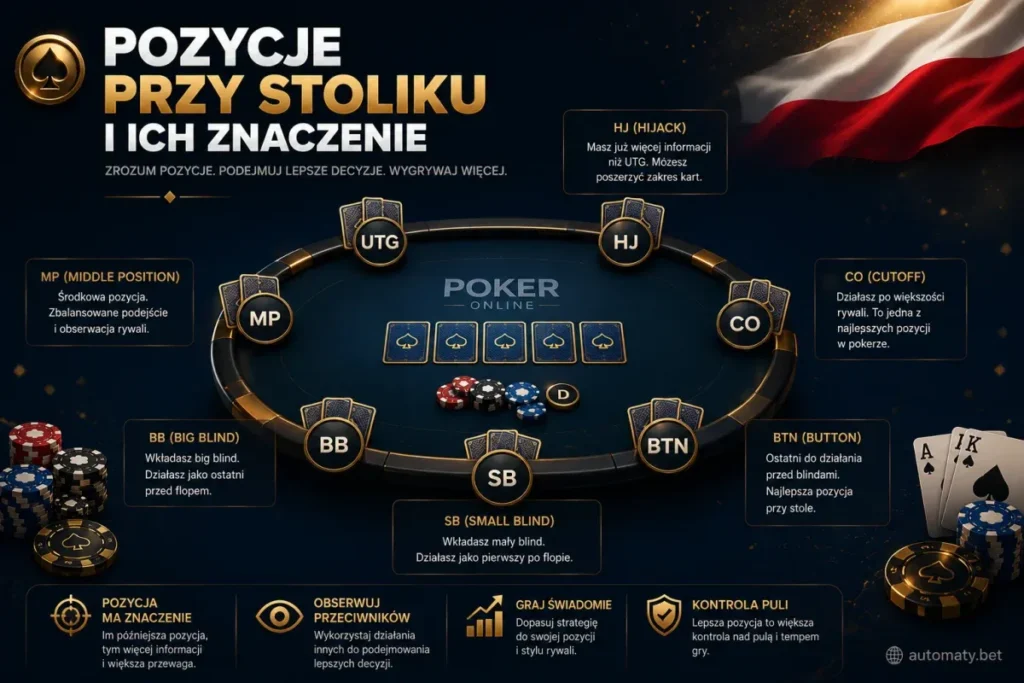 Pozycje przy stole pokerowym Texas Hold'em UTG MP CO BTN SB BB