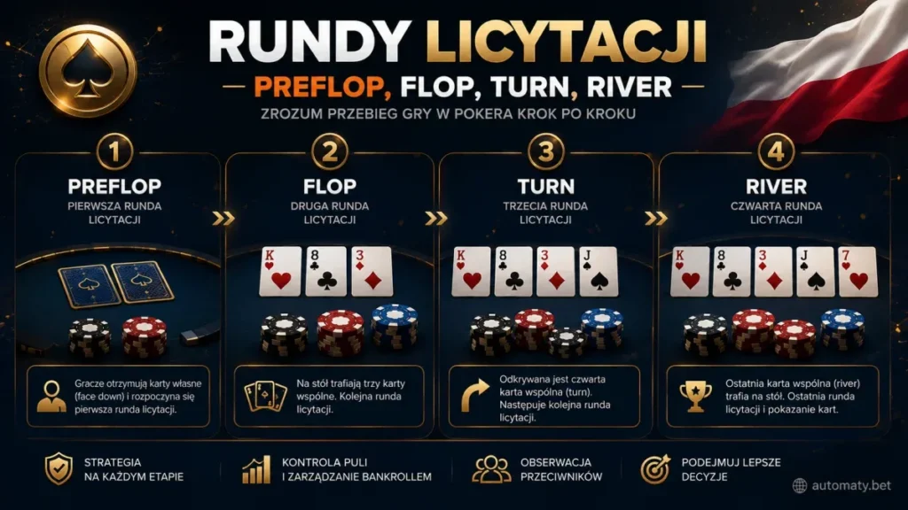 Preflop flop turn river w pokerze Texas Hold'em krok po kroku